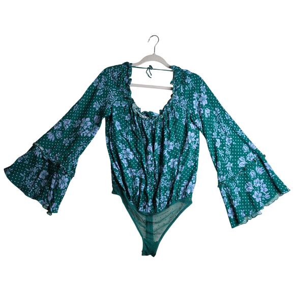 FreePeople Intimately SzM Green Polka-dot Floral Extra Wide BellSleeve top FLAW! - Picture 2 of 14